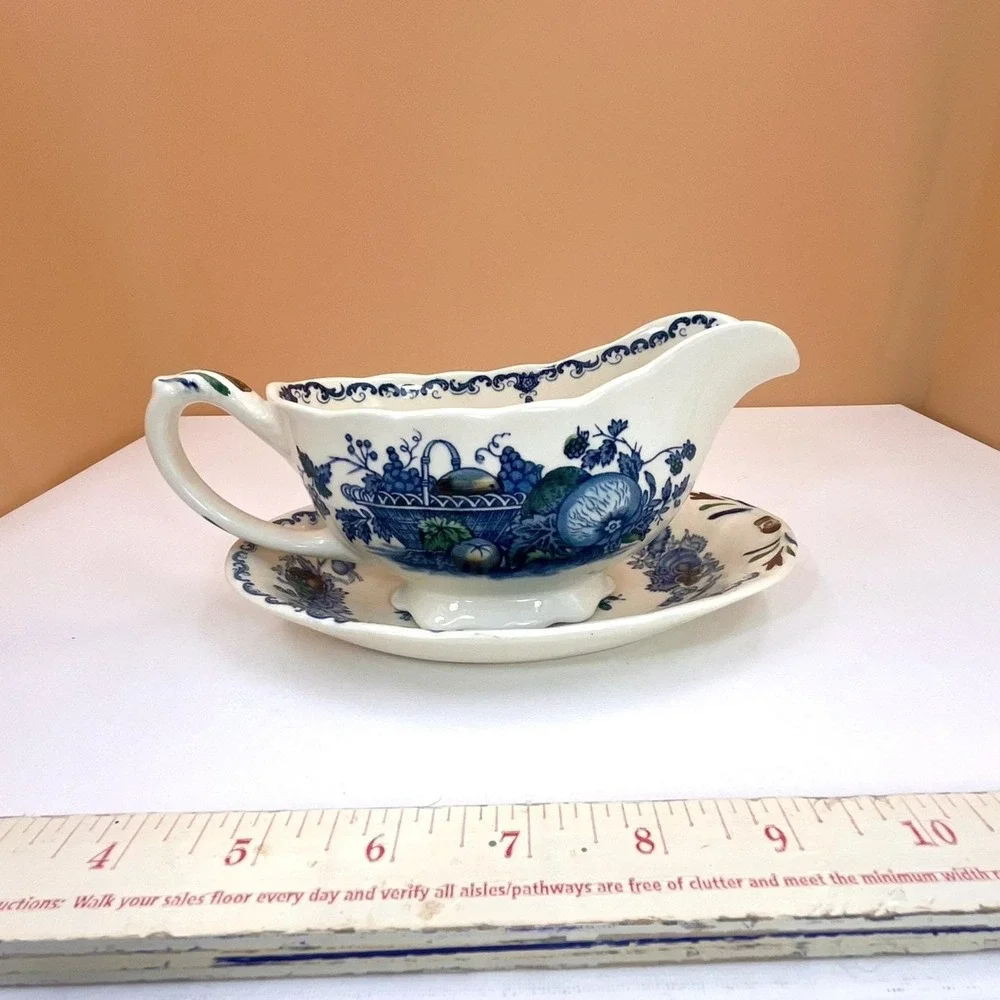 Mason's Ironstone Gravy Boat with‎ Saucer: Blue Fruit Basket Chinoiserie